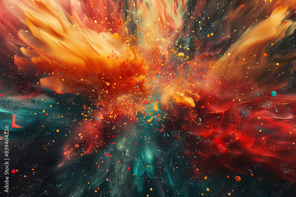 Poster a colorful explosion of paint with a lot of red and blue. the colors are bright and vibrant, creatin