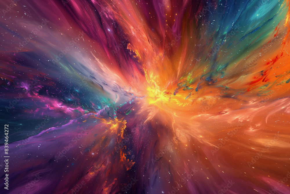Poster a colorful explosion of paint with a lot of red and blue. the colors are bright and vibrant, creatin