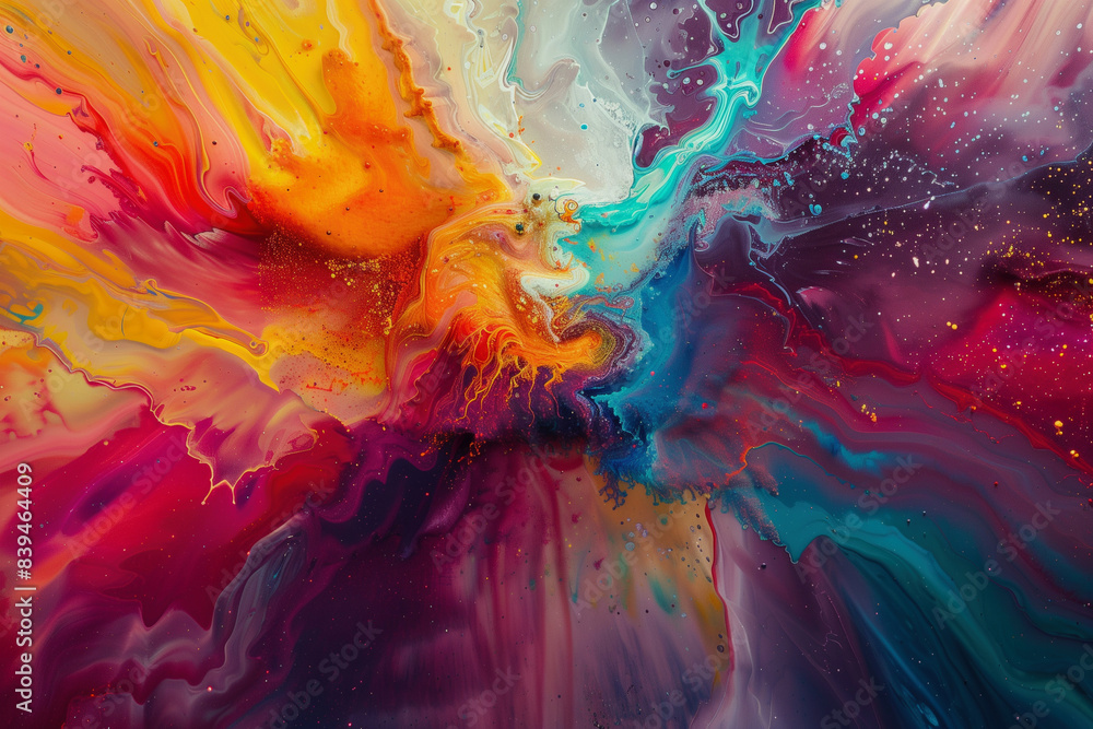 Poster a colorful explosion of paint with a lot of red and blue. the colors are bright and vibrant, creatin