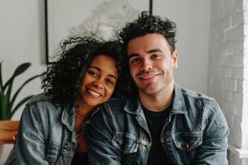 Obraz premium Portrait of a blissful multicultural couple in their 30s sporting a rugged denim jacket on modern minimalist interior