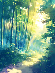 Illustration manga, fond graphique, Une forêt de bambou 