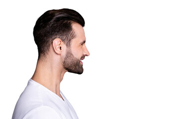 Fototapeta premium Close up side profile photo amazing he him his wondered funny macho perfect ideal appearance easy-going reliable person reveal teeth laughter wear casual white t-shirt isolated grey background