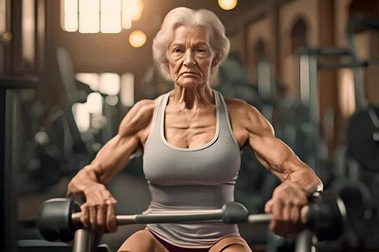Portrait of elderly muscle woman exercising in gym
