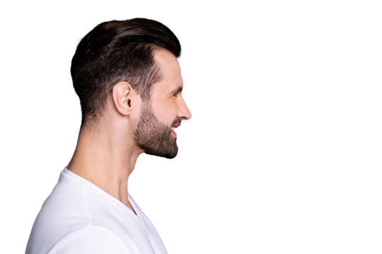Close up side profile photo amazing he him his wondered funny macho perfect ideal appearance easy-going reliable person reveal teeth laughter wear casual white t-shirt isolated grey background