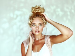 Beautiful blue-eyed blonde woman with her hair up. Fashion and beauty.