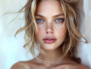 Fototapeta premium The face of a young blonde woman with beautiful blue eyes close-up. Well-groomed skin. Beauty and health.