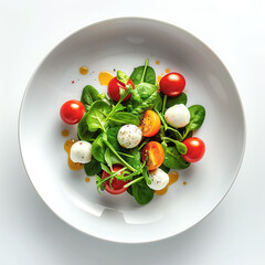 Elegant vegetarian salad with red and orange cherry tomatoes, spinach, bocconcini cheese, in a deep ceramic plate, garnished pepper and spices. Top view, white background. Healthy food.