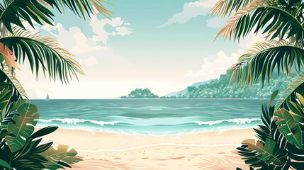 Tropical beach scene, earthy tones, flat design, geometric composition