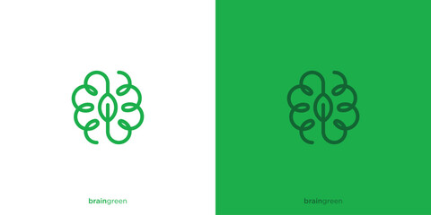 Abstract Brain Green Logo Design. Brain Tree Leaf Nature Concept wtih Line Art Outline Style. Brain Logo Icon Vector Illustration.