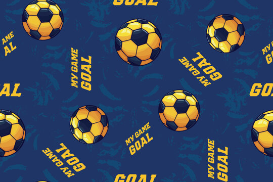 Blue and yellow Soccer ball pattern. Seamless Football pattern with text Goal, My game. Grunge textured brush strokes blue background