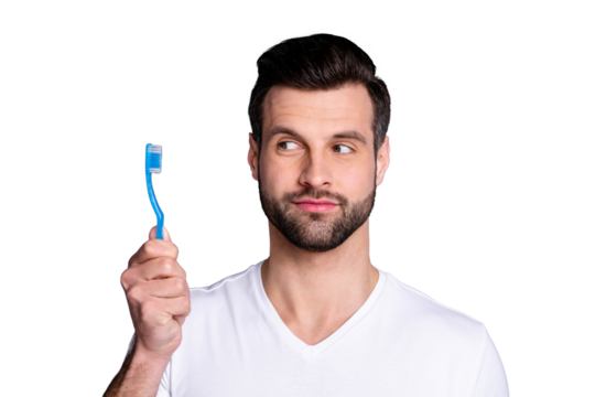 Close up photo amazing he him his macho perfect ideal appearance advising buy buyer hand arm novelty plastic personal equipment tooth brush toilet wear casual white t-shirt isolated grey background