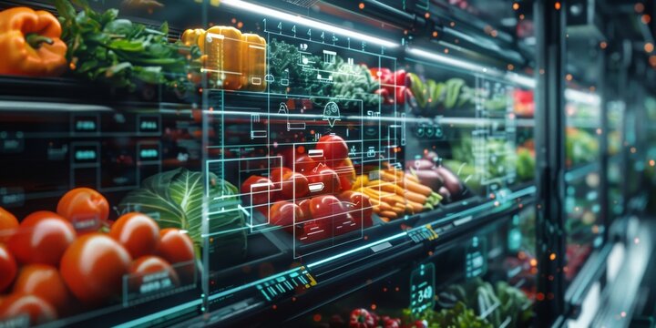Modern grocery store with colorful shelves of fresh vegetables and fruits, enhanced with digital technology and futuristic display labels.