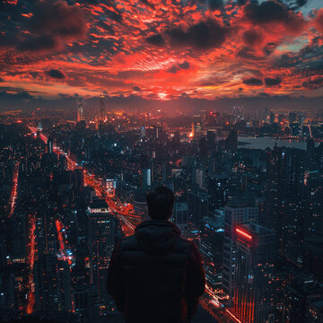 The man standing on the rooftop is looking at the sunset. The sky looks amazing with the blend of red and orange colors.