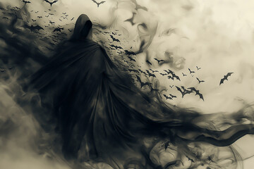 the grim reaper in an open cloak made of smoke and black mist surrounded by thousands of bats flying around him