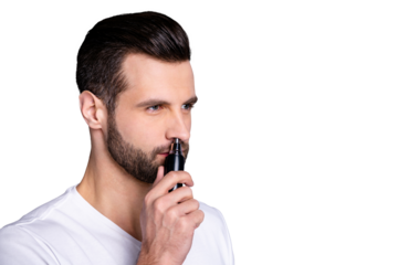 Close up side profile photo amazing he him his macho hairless process buy buyer new hand novelty ready remove nose ear hair with help comfy trimmer wear casual white t-shirt isolated grey background
