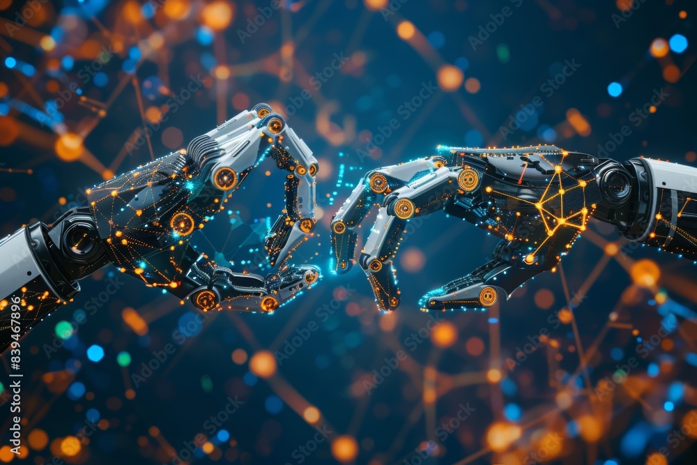 Poster robot and human hands touching on network connection background with big data concept