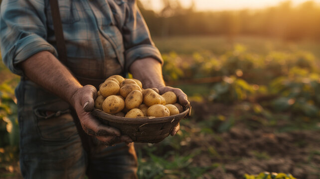 Bauer mit frisch geernteten Kartoffeln