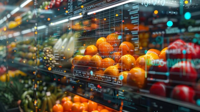 Smart grocery store with digital analytics overlay on fresh produce, displaying modern retail technology and data-driven shopping experience. - Powered by Adobe
