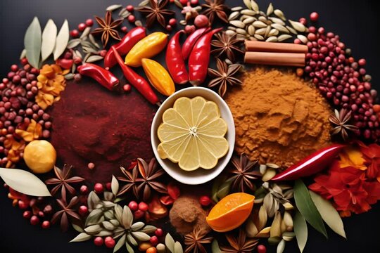 Assorted colorful spices and herbs arranged in a beautiful pattern on a dark background, showcasing culinary ingredients in vivid detail.