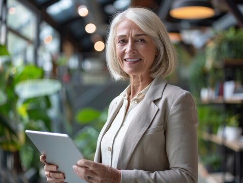 Mature happy businesswoman bank manager, older female corporate executive holding digital tablet standing at work. Middle aged professional business woman using tab computer in office.