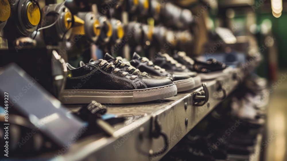 Sticker A shoe factory with shoes on a conveyor belt