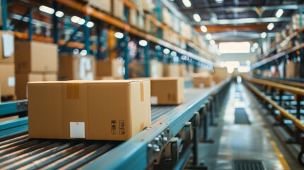 A row of boxes on a conveyor belt in a warehouse
