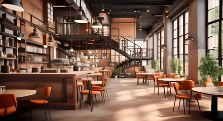 Modern industrial-style cafe interior with wooden tables, chairs, large windows, and metal staircase. Cozy ambiance with natural light and greenery.