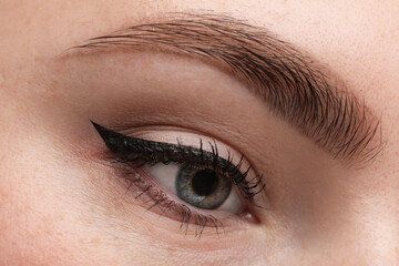 Obraz premium Makeup product. Woman with black eyeliner and beautiful eyebrow, closeup