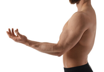 Man with muscular body on white background, closeup