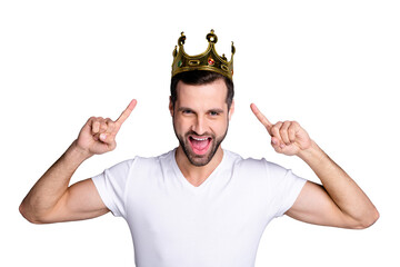 Portrait of funny funky lovely cheerful excited people person have gemstone ego crown feel rejoice...
