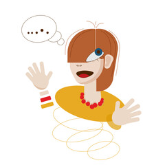 A laughing girl in a yellow sweater and red beads