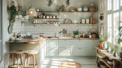 An inviting cottage kitchen with pale green cabinetry and a wooden countertop The floor is made of whitewashed wood