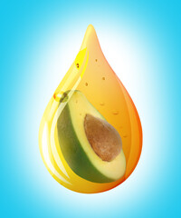Cooking oil drop with half of avocado inside on light blue background