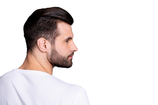 Profile side back rear view photo of charming gorgeous lovely youth feel proud concentrated charming wear white t-shirt isolated grey background - Powered by Adobe