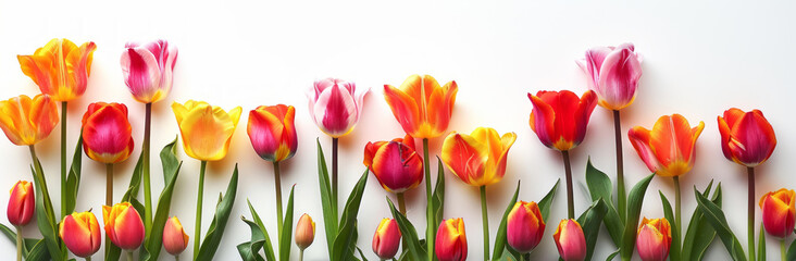 Obraz premium A collection of vibrant tulips form a border against a white backdrop.