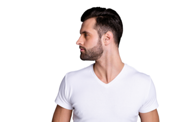Profile side view photo of fabulous pretty youth millennial modern content cool independent dressed white clothing isolated grey background