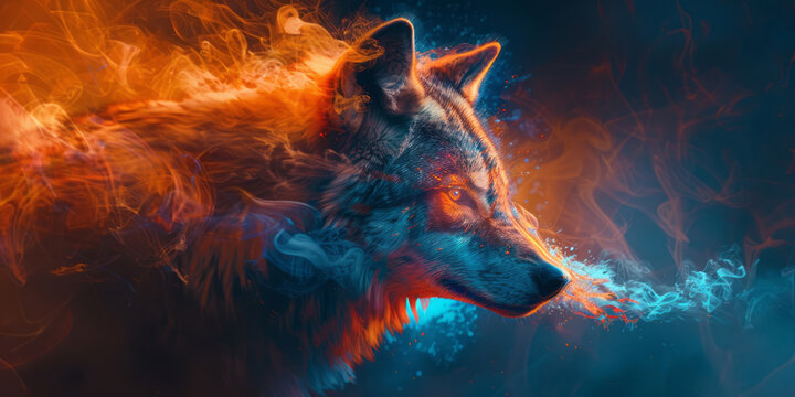 A digital painting shows an animal with colorful smoke emanating from its head, with the wolf in profile view against a background.