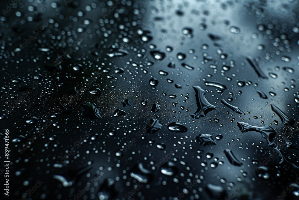 Poster the image is a close up of a black and white photo of water droplets on a surface. the droplets are 