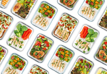 Different delicious meals in containers on white background, top view. Healthy diet