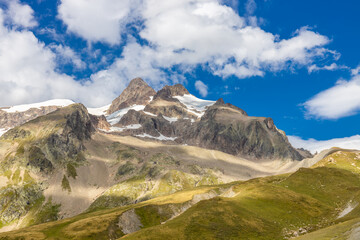 Fototapeta premium Tour du Montblanc beautiful mountain ladscapes of the Alps green valley, snow summit of Montblanc and rocky peaks of Aiguille du Midi in summer sunny weather blue sky, trekking and hiking in Chamonix