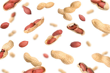 Unpeeled peanuts in air on white background
