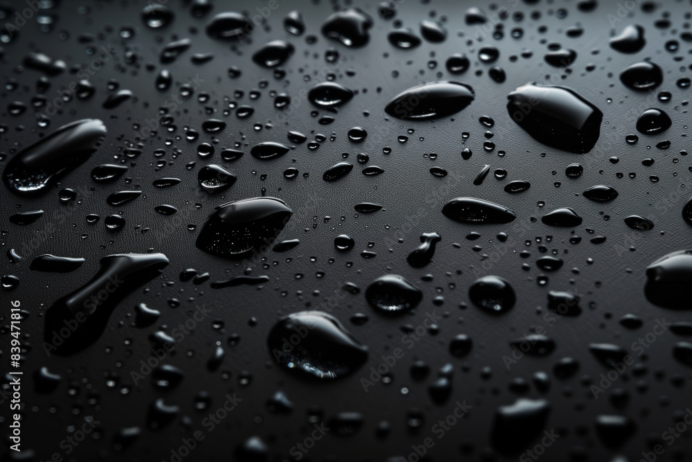 Poster the image is a close up of a black and white photo of water droplets on a surface. the droplets are 