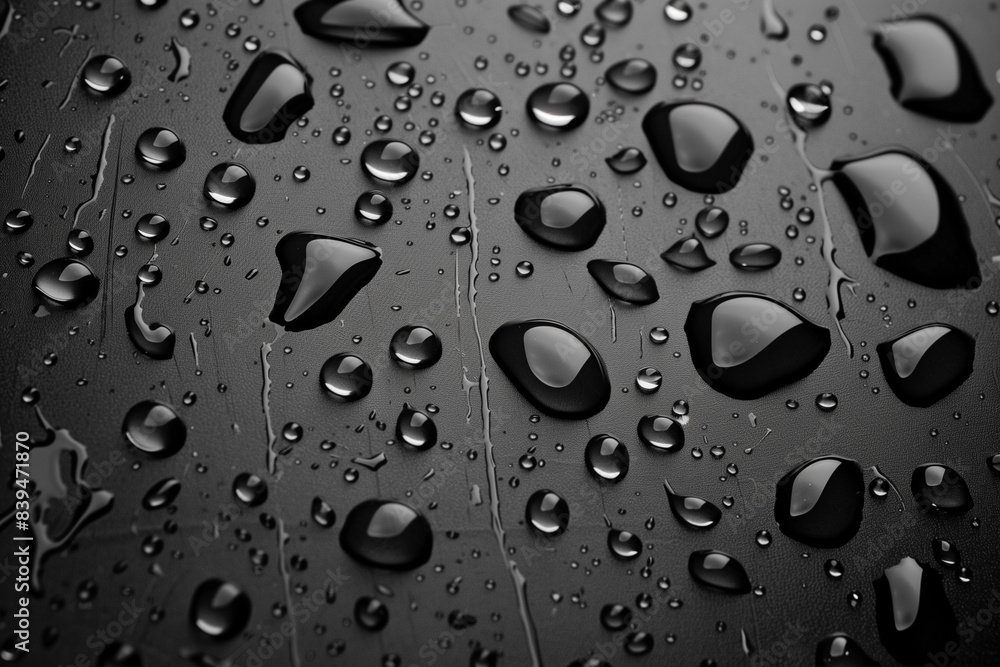 Poster the image is a close up of a black and white photo of water droplets on a surface. the droplets are 