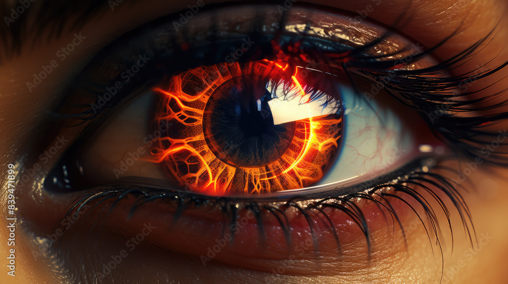 Wall mural generated illustration of beautiful person eye in flames , burning glowing fire in the eye iris. - Wall murals