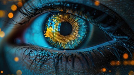 Closeup of an eye with digital data and stock market charts reflected in the iris, symbolizing machine learning for financial analytics in grocery chains, double exposure