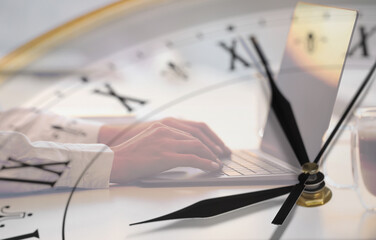 Woman and clock, double exposure. Time concept