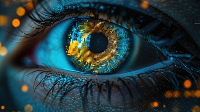 Closeup of an eye with digital data and stock market charts reflected in the iris, symbolizing machine learning for financial analytics in grocery chains, double exposure