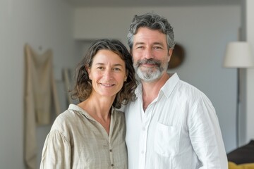 Portrait of a happy couple in their 40s wearing a simple cotton shirt isolated on modern minimalist interior