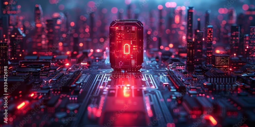 Poster close-up of a futuristic red-illuminated microchip in a digital cityscape, representing advanced tec