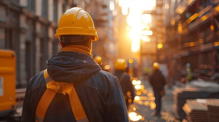 Construction workers in safety gear at a building site during a sunset, highlighting the architecture and industrious environment.